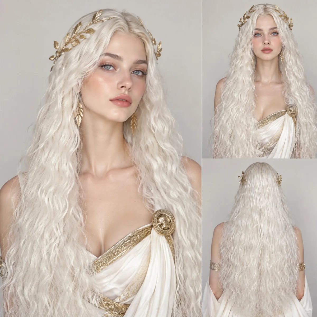 REEWES 40-inch White Long Wavy Synthetic Wig for Women Halloween Cosplay High-Fidelity Atina Anime Character Heat Resistance