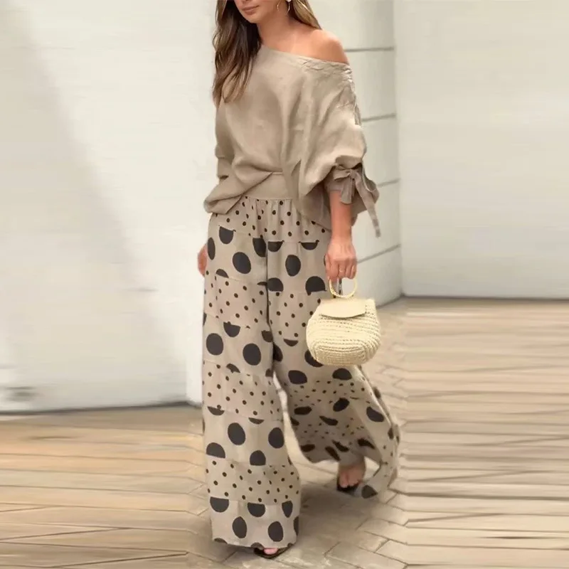 

Fashion Women Pantsuit Casual Diagonal Neck Hollow Top With Wide Leg Pants Sets Spring Loose Polka Dot Print High Street Outfits