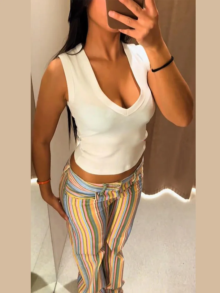 Casual Color Stripe Long Pants Women Chic Contrast Contrast Low Waist Straight Trousers Female 2026 Summer Autumn Lady New
