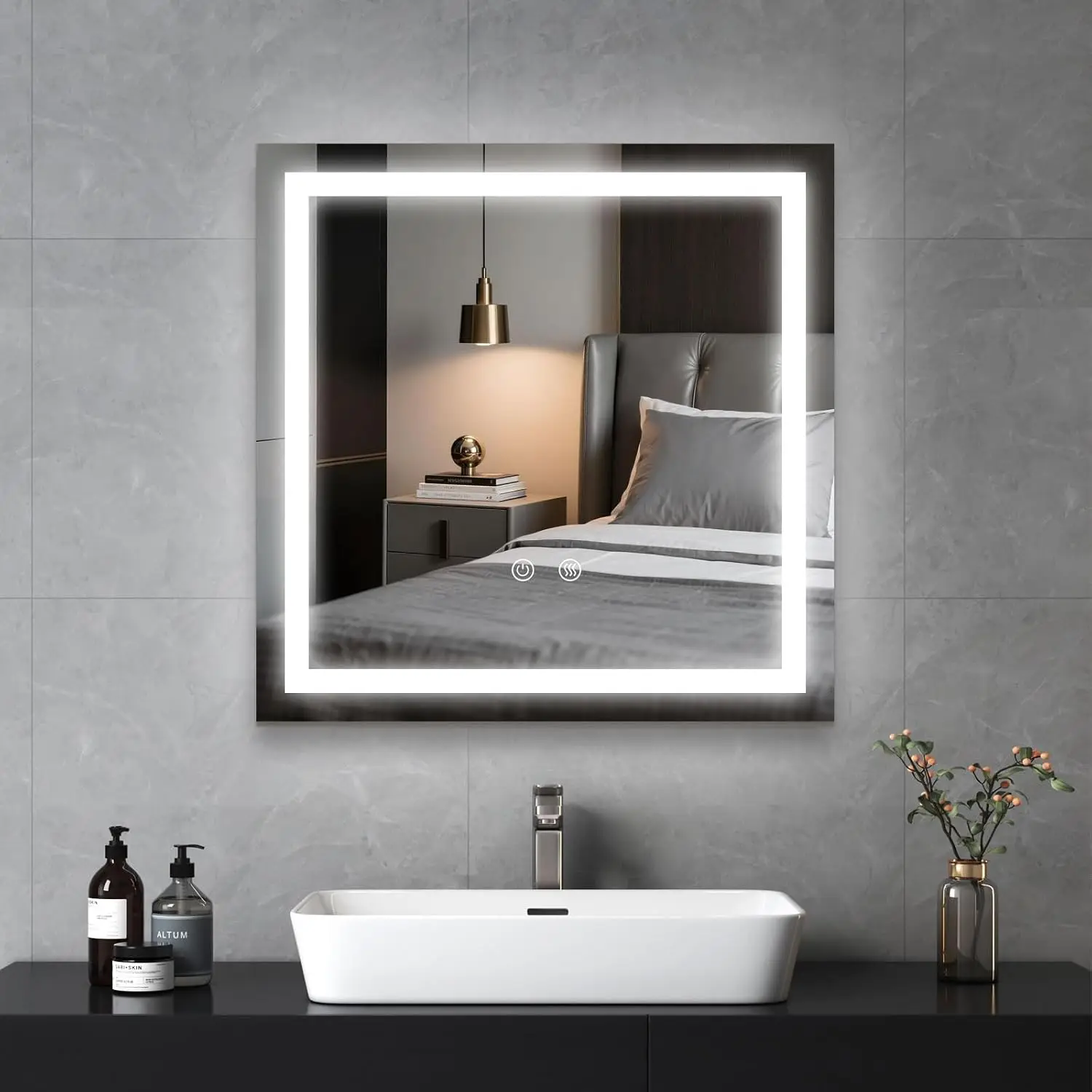 Led Illuminated Bathroom Vanity Mirror 24X24 Inch Stepless Dimmable Three Color Temperature Anti Fog Wall Mount Auto Off Memory