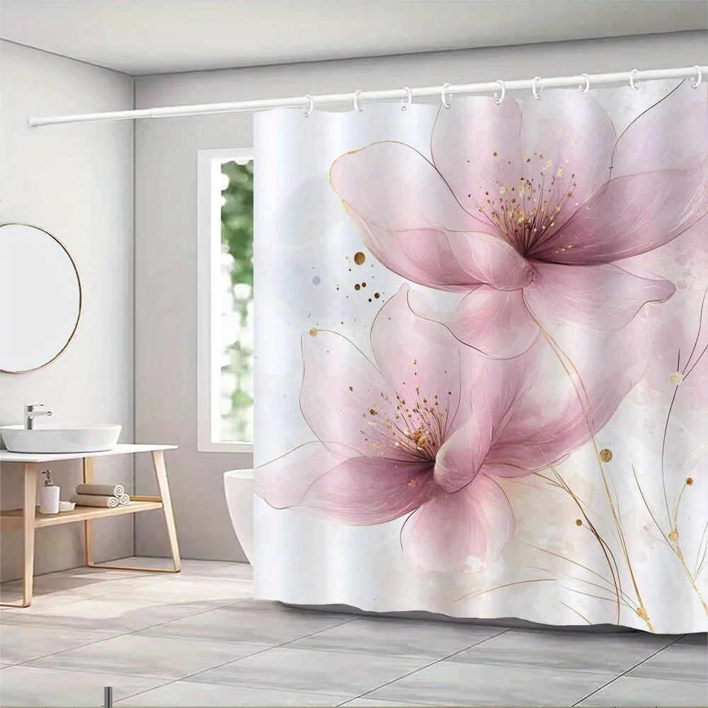 Pink Floral Shower Curtain – Watercolor Blooms with Gold Stamen, 12 Hooks, 70.8×70.8 in, Polyester, Machine Washable