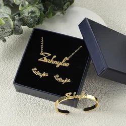Custom Cute Heart Name Necklace Bracelet Stud Earrings Jewelry Set Stainless Steel Gold Color Nameplate Necklace Women Girl Gift