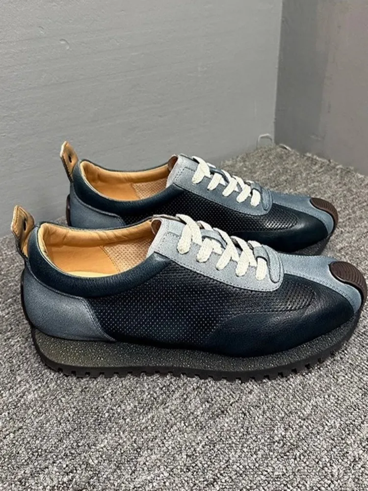 Breathable Mens Genuine Leather Casual Shoes Lace Up Hollow Out Spliced Fashion Active Shoes Spring Summer Platform Sneakers New