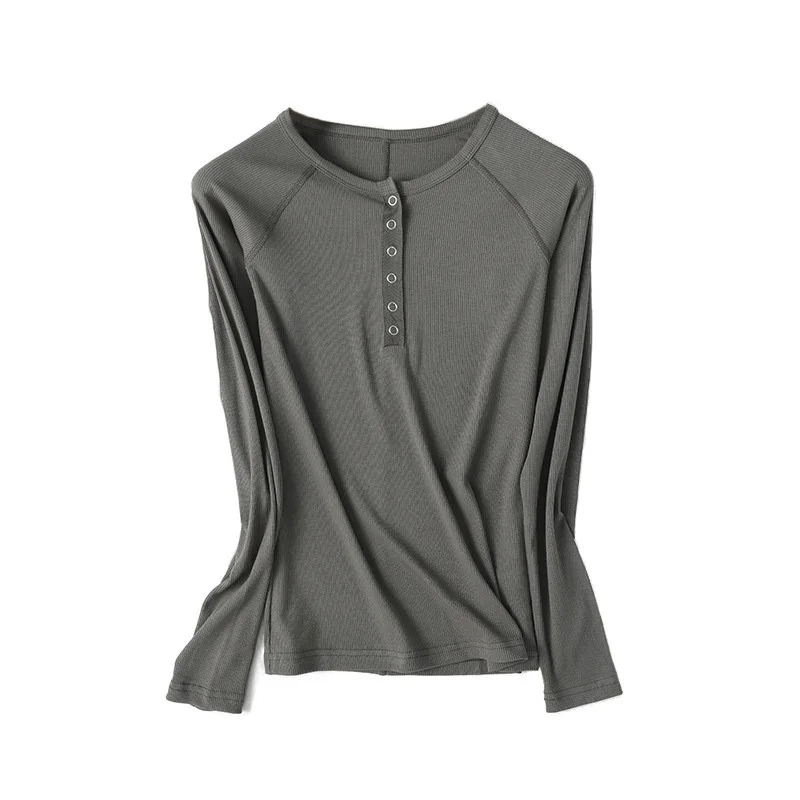 

Spring Long Drop Sleeve Screw Thread T-shirt Women Round Neck Slim Button High Elasticity Solid Color Tops