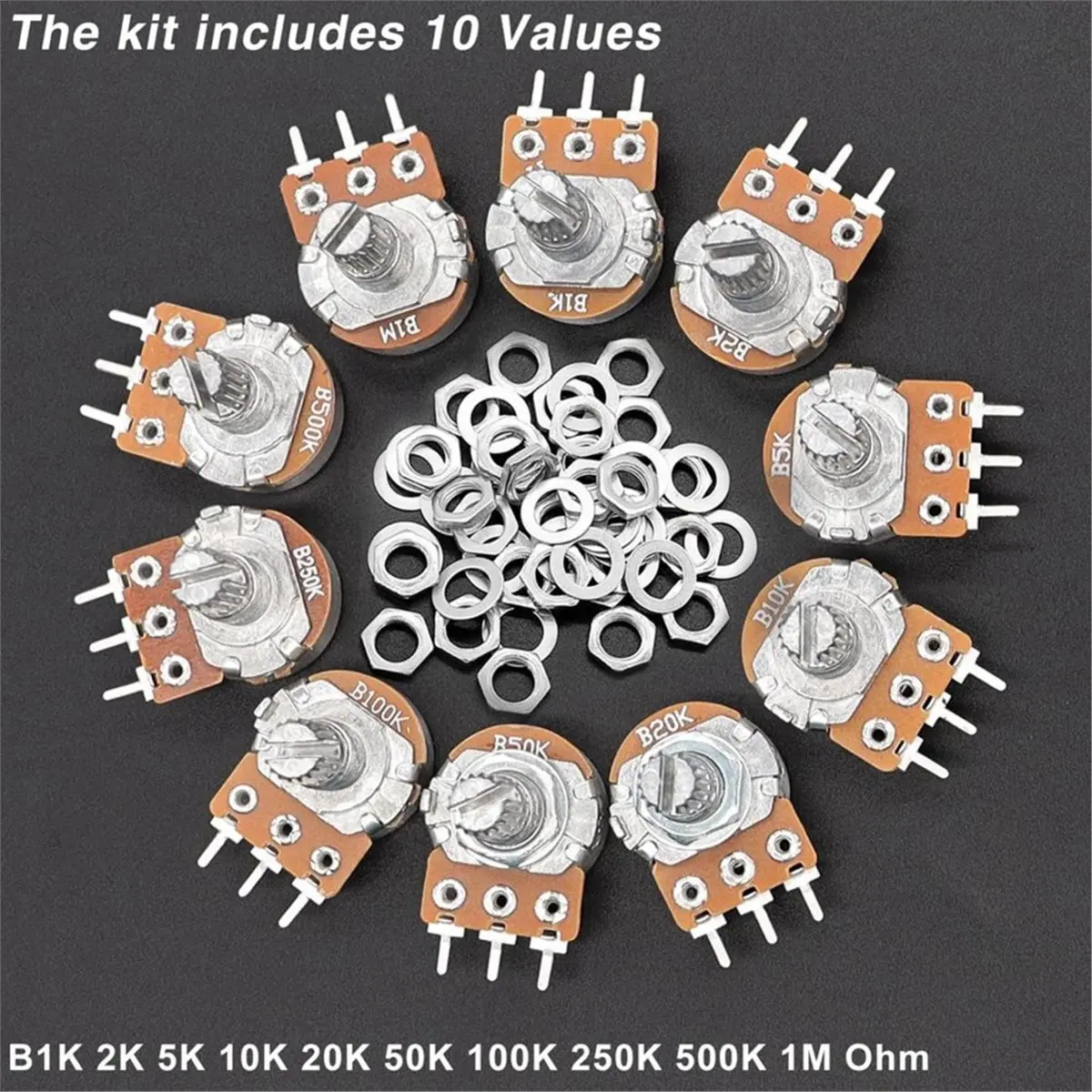 Home Tool 200PCS Potentiometer Kit with Rotary Knobs,WH148 B1K 5K 10K 20K 50K 100K 250K 500K 1M Ohm Potentiometers Single Linear