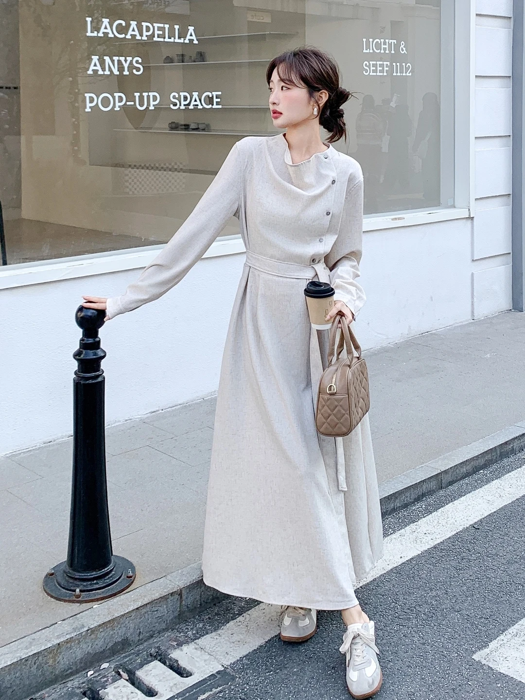 

Elegant Gentle Women's Long Sleeve Dress Artistic Neckline Spring Autumn New Style Casual Daily Wear A-Line Skirt