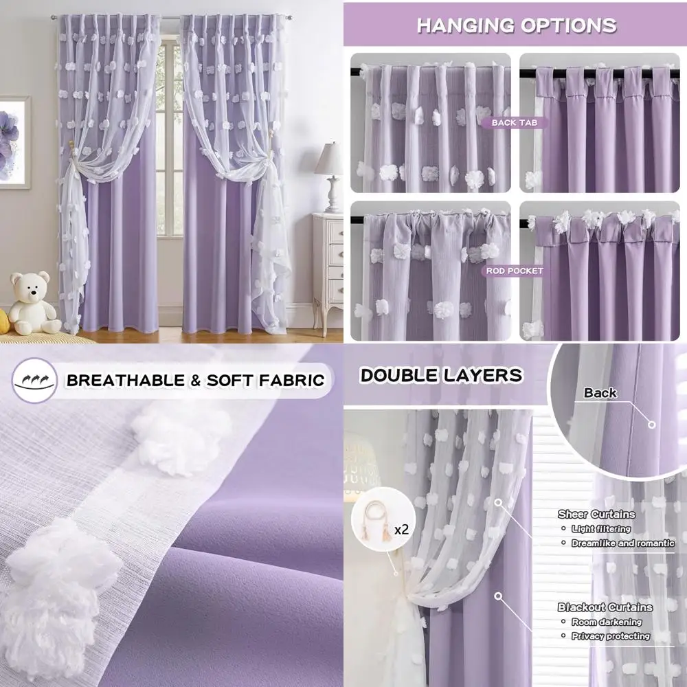 

Lilac Sheer Curtains with White Pom Pom Trim for Girls' Bedroom and Living Room, Providing Room Darkening Effect