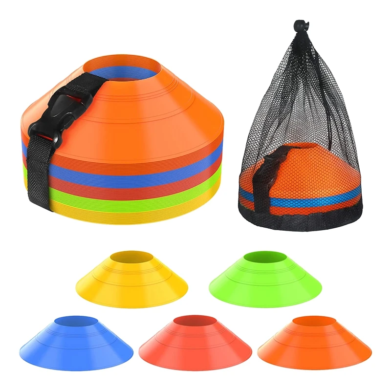 50 Pack Football Cones, Kids, Field Marker With Strap Carry Bag For Football Basketball Skating