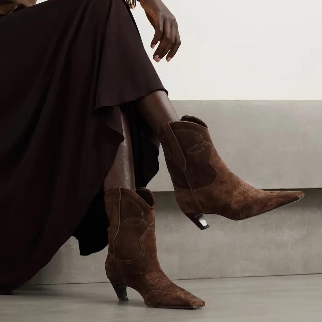 Arden Furtado Genuine Leather Cowboy Boots National Style Embroidery Short Boots Square-Head Slip-On Middle Heel Modern Boots