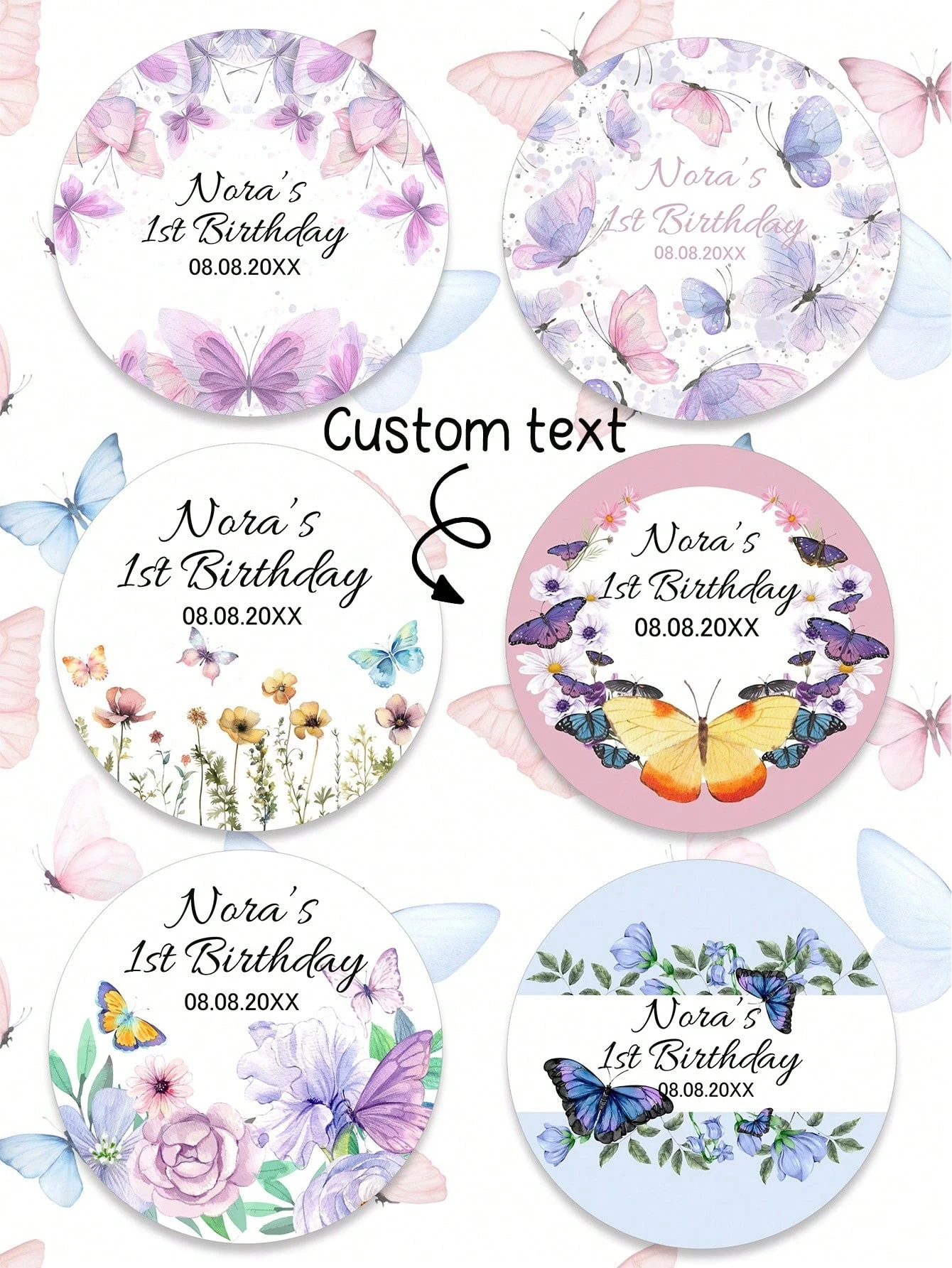 UNICCUT personalisierte Schmetterlings-Party-Aufkleber mit Text für Babygeschenke, Mädchen, Jahrestag, Geburtstagsdekoration