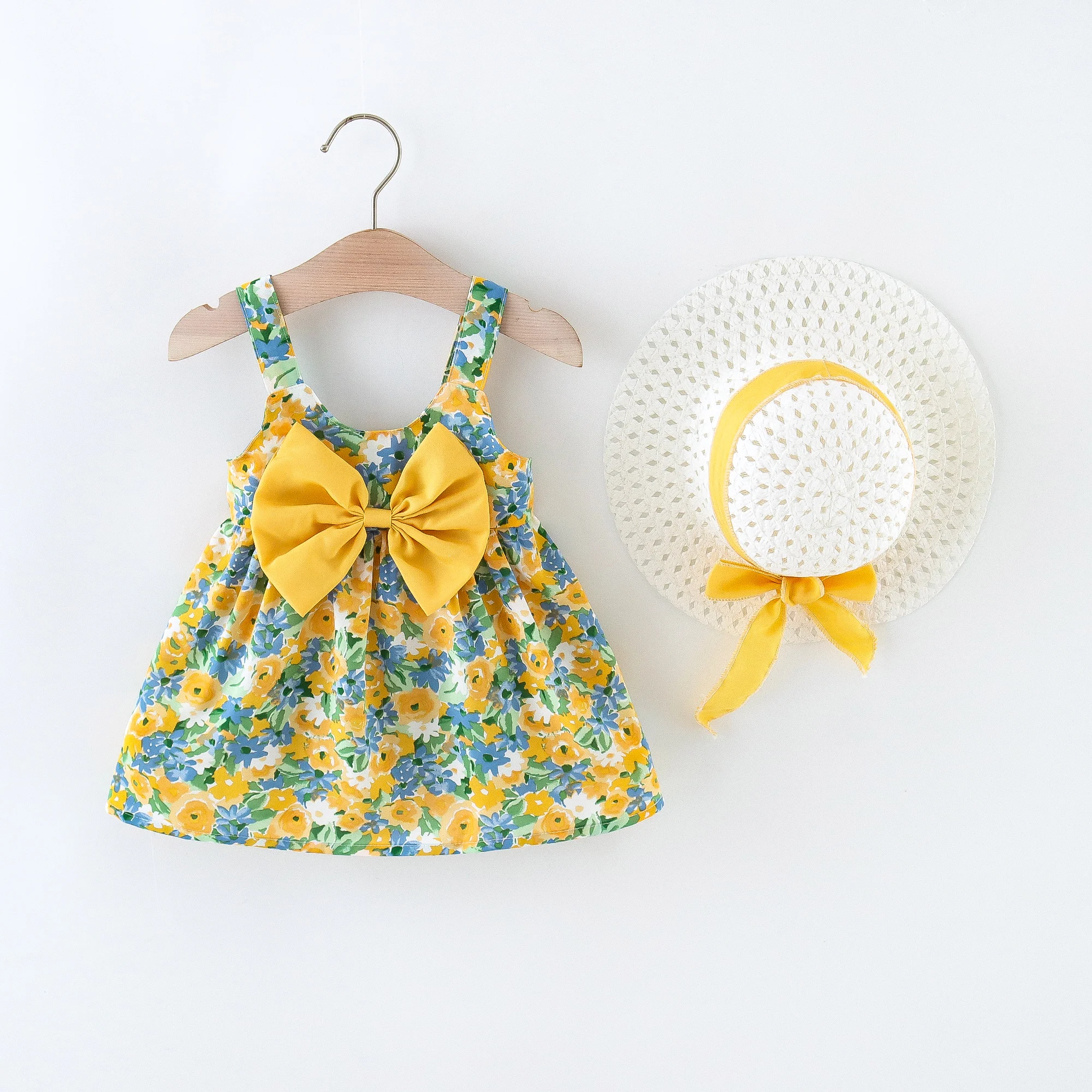 

Summer New Girls Dress Two-piece Set Bow Flower Full Print Halter A-line Dress Sweet Princess Dress + Hat