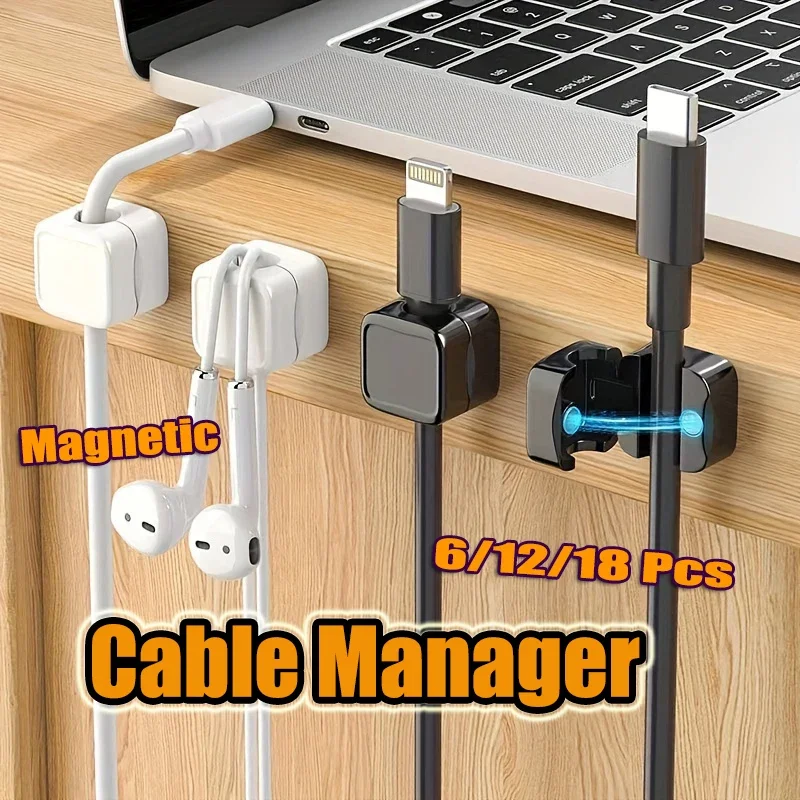 6/12 PCS Magnetic Cable Clips Cable Smooth Adjustable Cord Holder Under Desk Cable Management Wire Keeper Organizer Holder Amagi