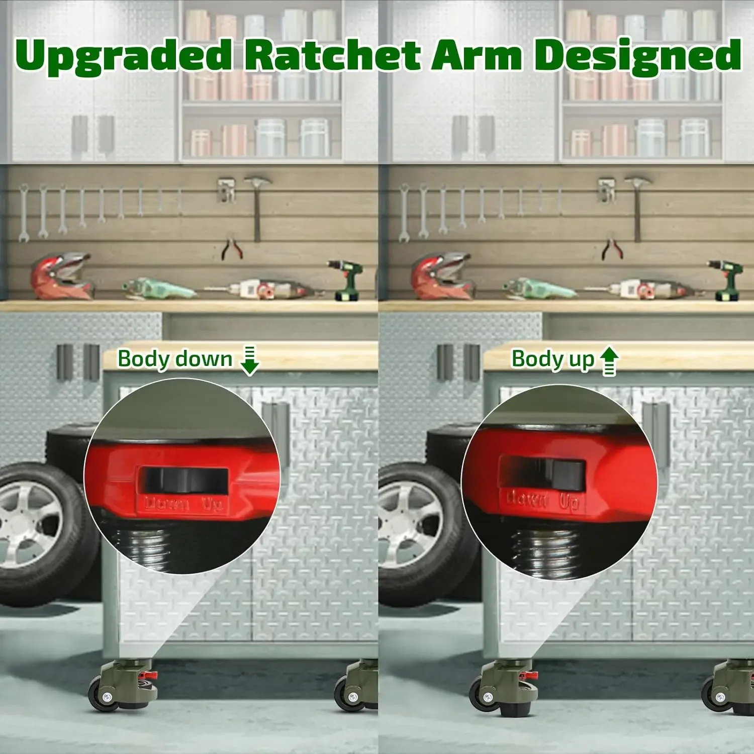 Casters Set of 4, Workbench Casters with Ratchet Arm, 3300 LBS, Green Heavy Duty Retractable Leveling Machine Casters, Nylon Whe