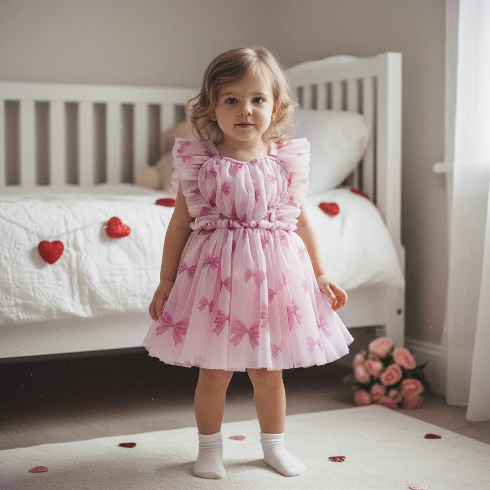 

Blotona Тюлевое платье для маленьких девочек с принтом сердца, платье трапециевидной формы без рукавов на подтяжках на весну и лето