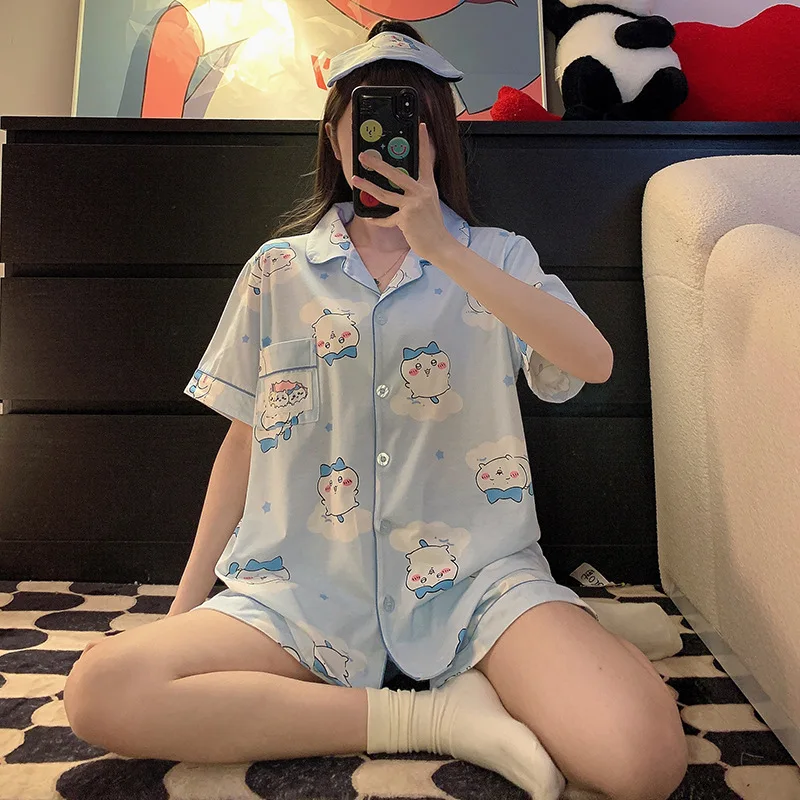 Kawaii Chiikawa Usagi Pyjama Spring and Summer Cartoon Short-sleeved Shorts Student Home Clothes Set