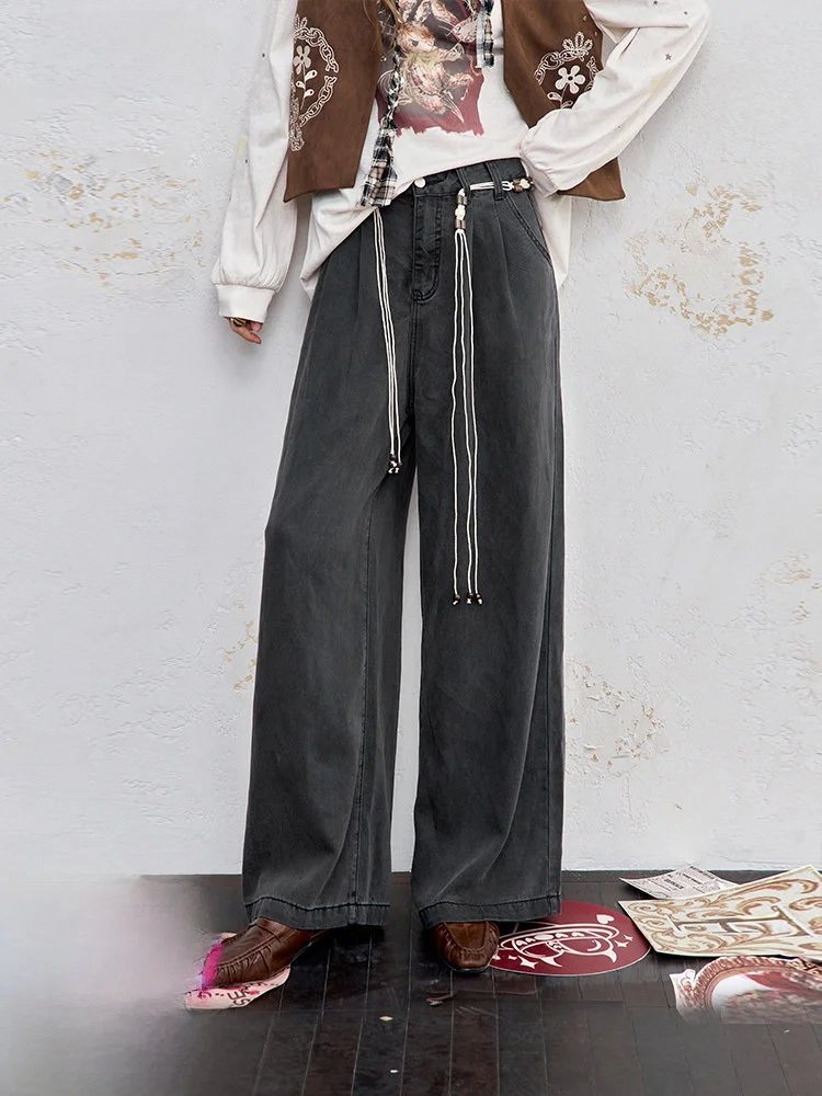 

Elfsack Women's Straight Leg Wide Leg Jeans Long Leg Trick Belted Bead Chain Pocket Casual Loose Fit Autumn Fashion