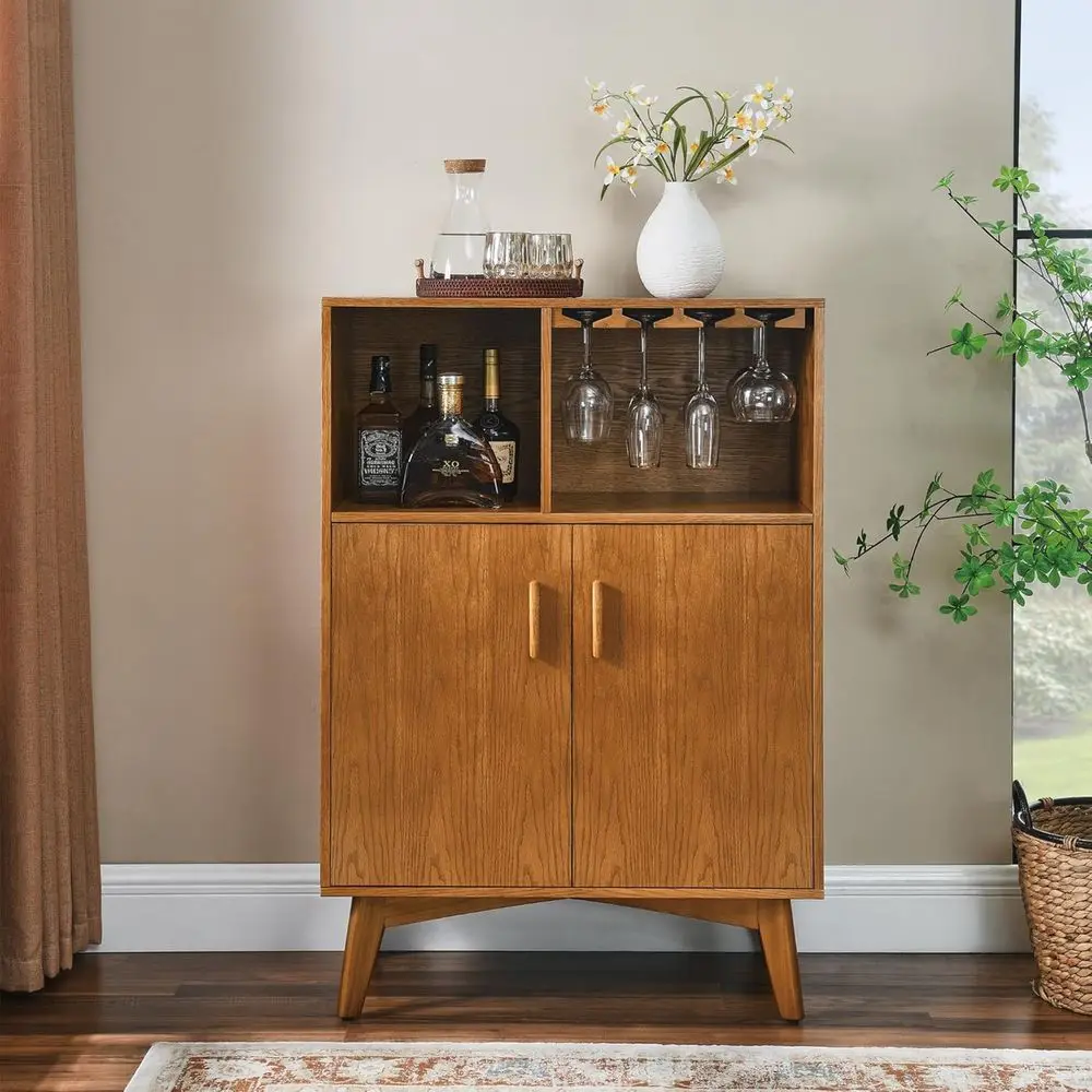 

Wine Bar Cabinet with Bottle Holders, Stemware Racks, Open Storage, and Adjustable Shelves