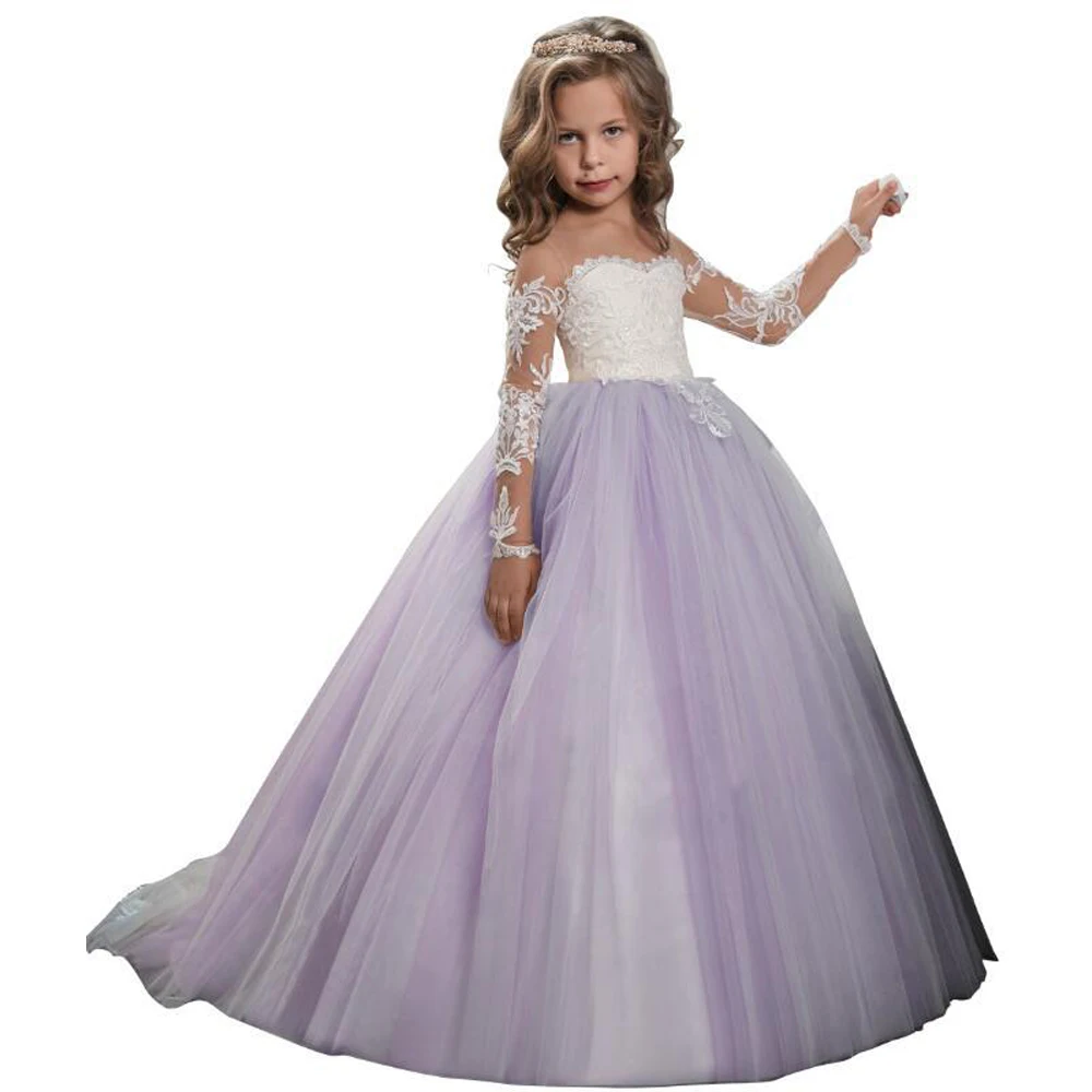 White Bridesmaid Costume Dress For Girls Evening Bow Long Lace Princess Party Wedding Children Dress Clothe for Teenager 10 12 Y