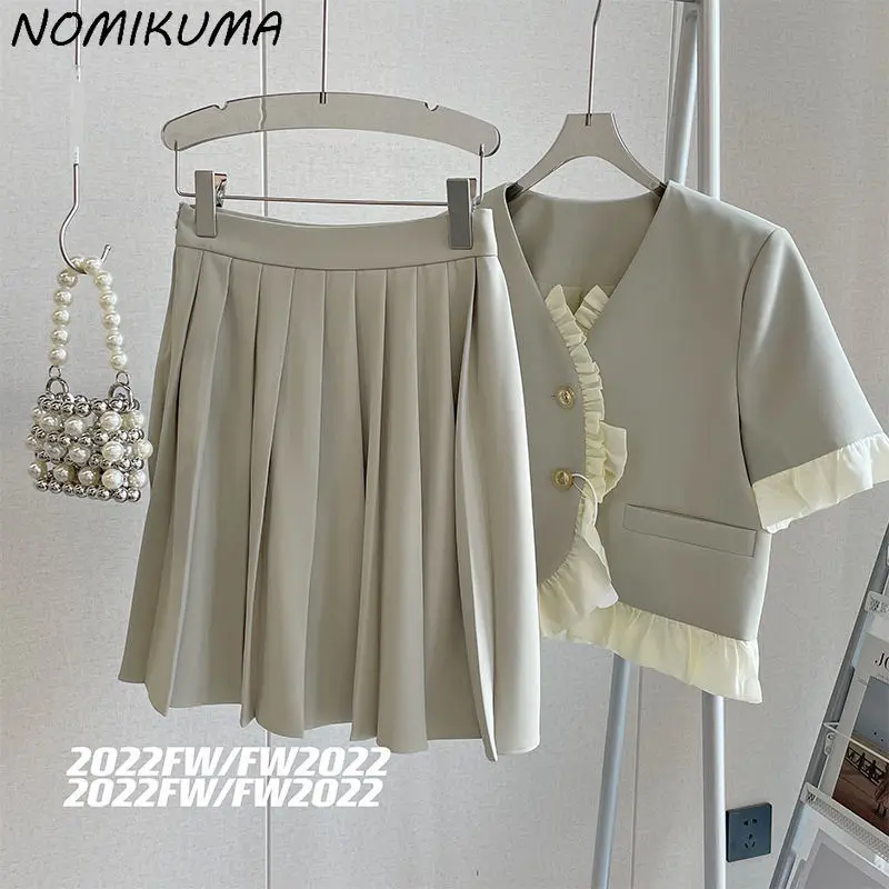 Nomikuma 2023 Summer Women Sets Sweet Ruffle Hit Color Patchwork Short Sleeve V-neck Tops + High Waist Causal Mini Pleated Skirt