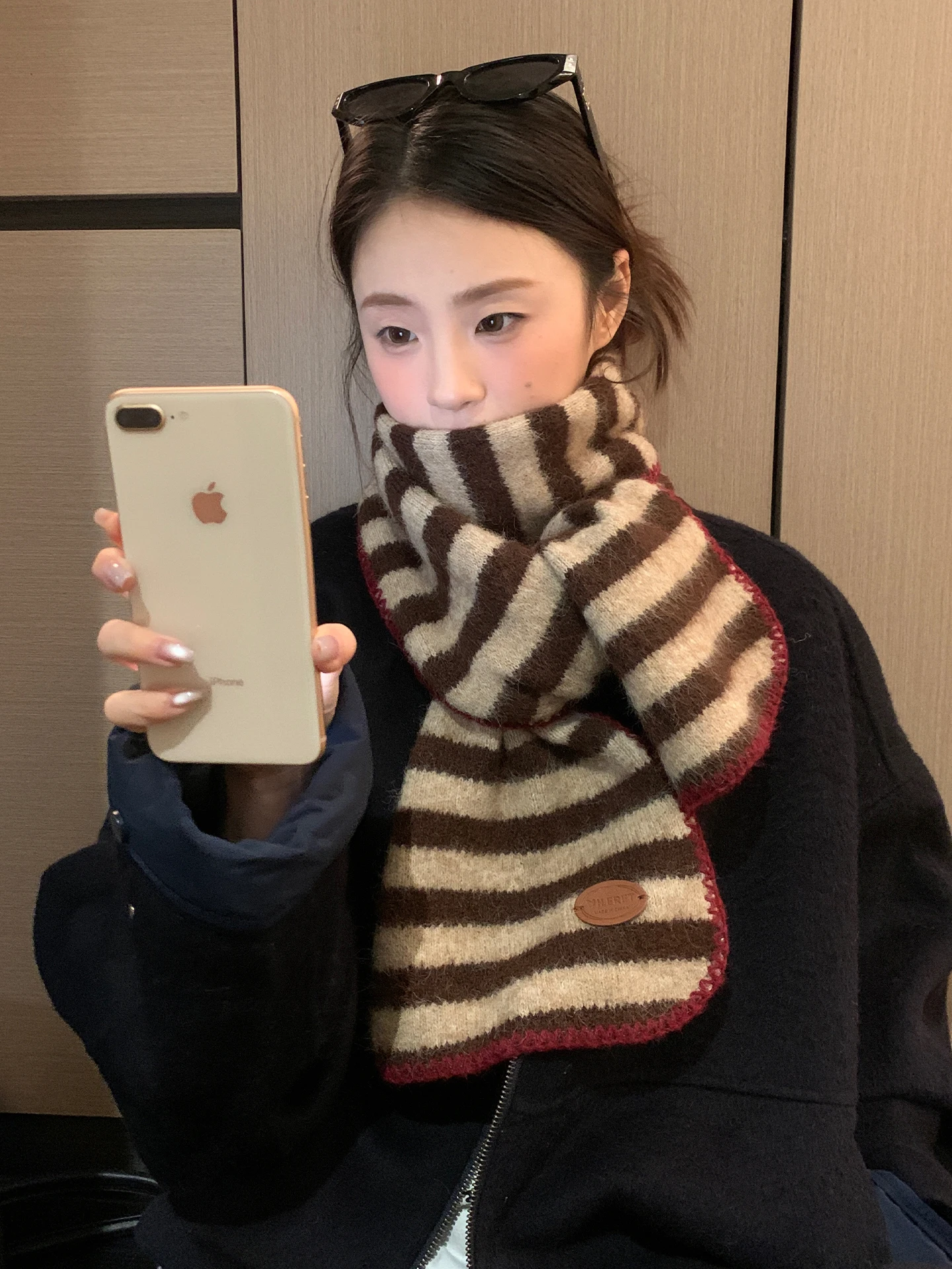 韓国風ウール混ニットスカーフ-レディース-厚手冬用ネックウォーマー-おしゃれなストライプデザイン-理想的なアウターアクセサリー