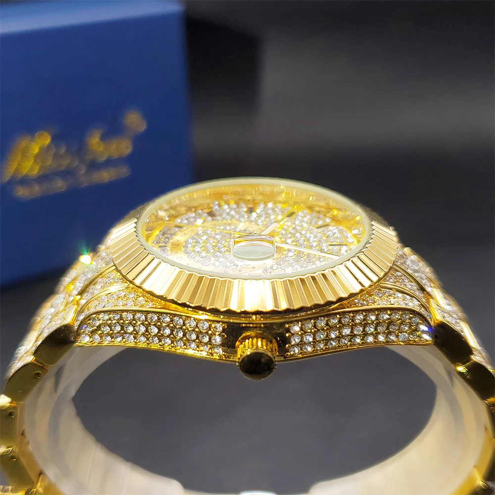 Missfox Diamond Watches For Men Gold Hip Hop Luxury Waterproof Quartz Wristwatches Calendar Wristwatches Party Jewelry Wholesale