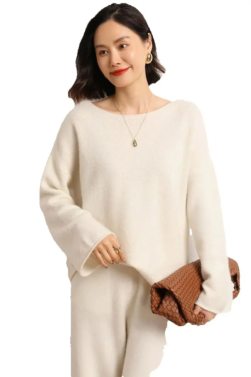 

Graceful Sweet Fashion Soft Tops Chic Casual Loose O-Neck Women's Pullover Luxury Autumn Winter 100% Cashmere Knitted Sweater