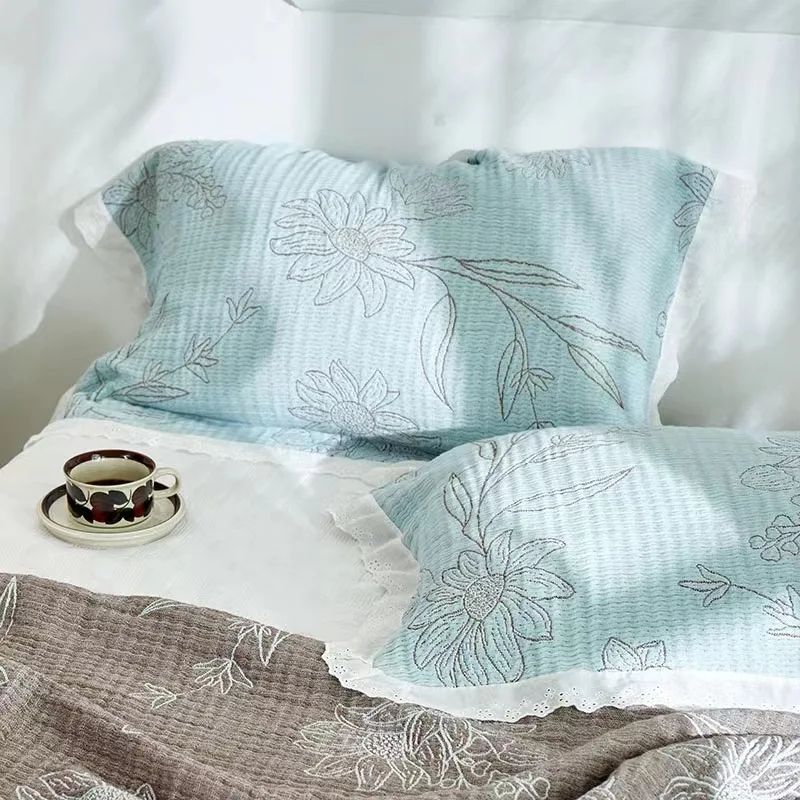 2PC 100% Cotton Four-layer Gauze Lace Ruffled Pillow Towel For Home Bedding Decorative Cushions Covers Soft Pillow Cover 50*80cm