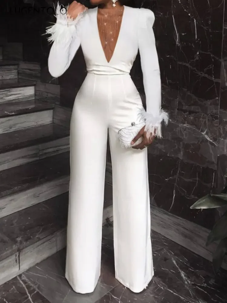 Women Sexy Jumpsuit Perspective Mesh Neckline Round Neck Long Sleeve White Lady Elegant Tassel New Spring Thin Clothing