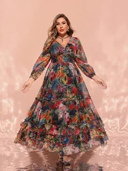 TOLEEN-Women's Floral Print V-Neck Lantern Sleeve Maxi Dress, Plus Size, Spring, Summer, Casual, Elegant, Formal Party, New,2024