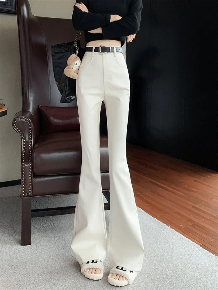 

Spring Autumn Cool Casual Soft Black Pu Leather Floor Length Flare Pants for Women High Waist Korean Style Fashion 2023