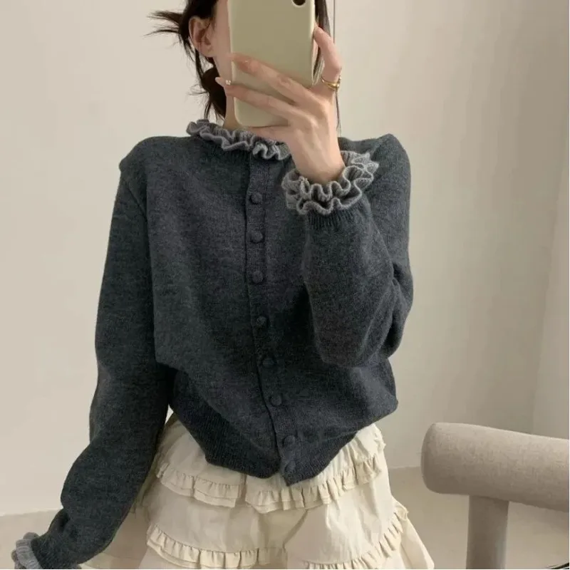 

Осень-зима, новый стиль, модный темпераментный вязаный кардиган с рюшами, стильный цветной свитер с длинными рукавами, куртка