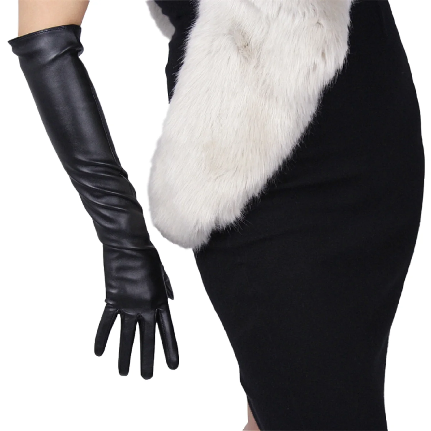 DooWay Women Black Long Leather Gloves Faux Leather 50cm Elbow Winter Warm Fashion Opera Evening Dressing Glove  Touchscreen