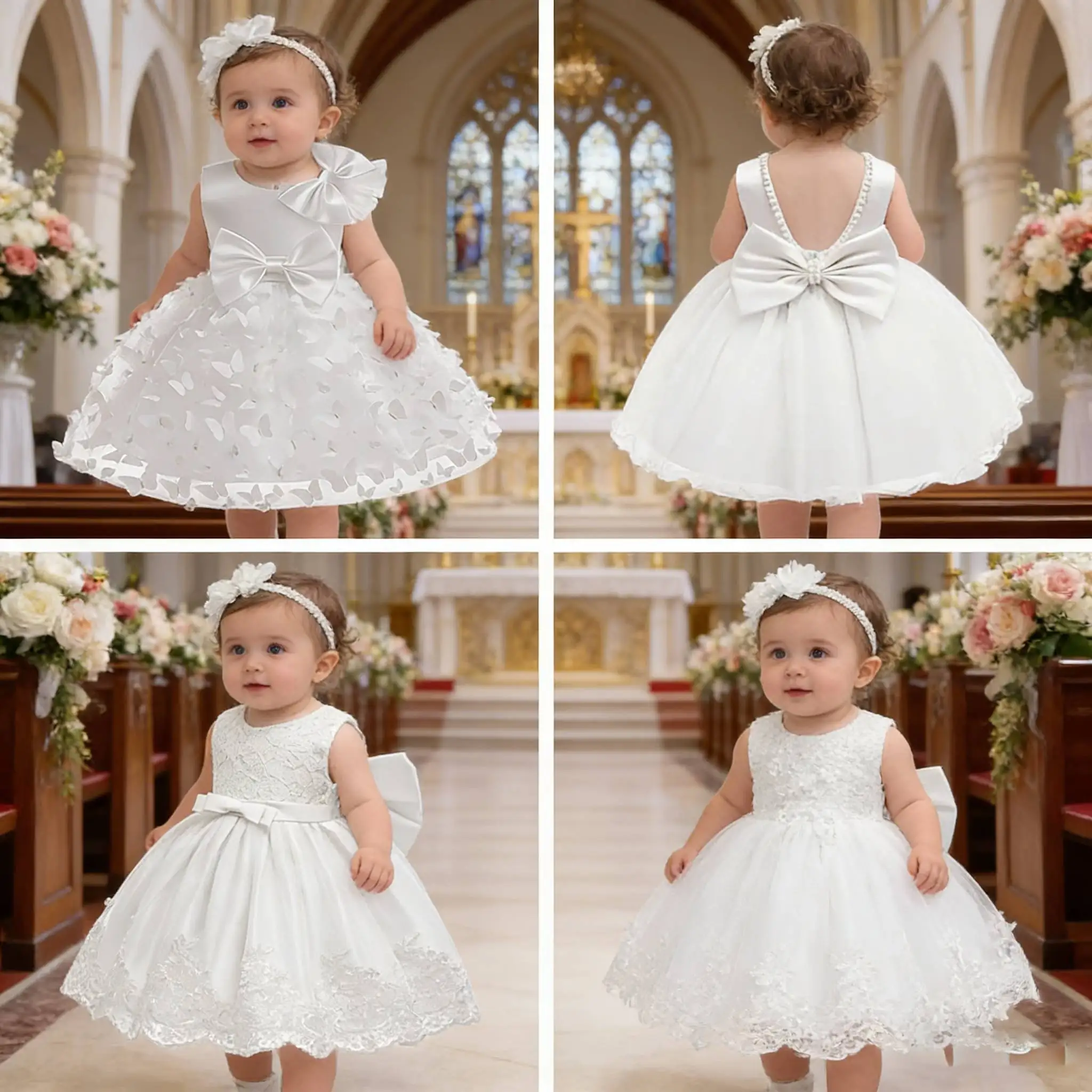 

Белые платья с цветочным узором для девочек на свадьбу, элегантное детское платье для крещения и головные уборы с короткими рукавами, детское причастие, день рождения