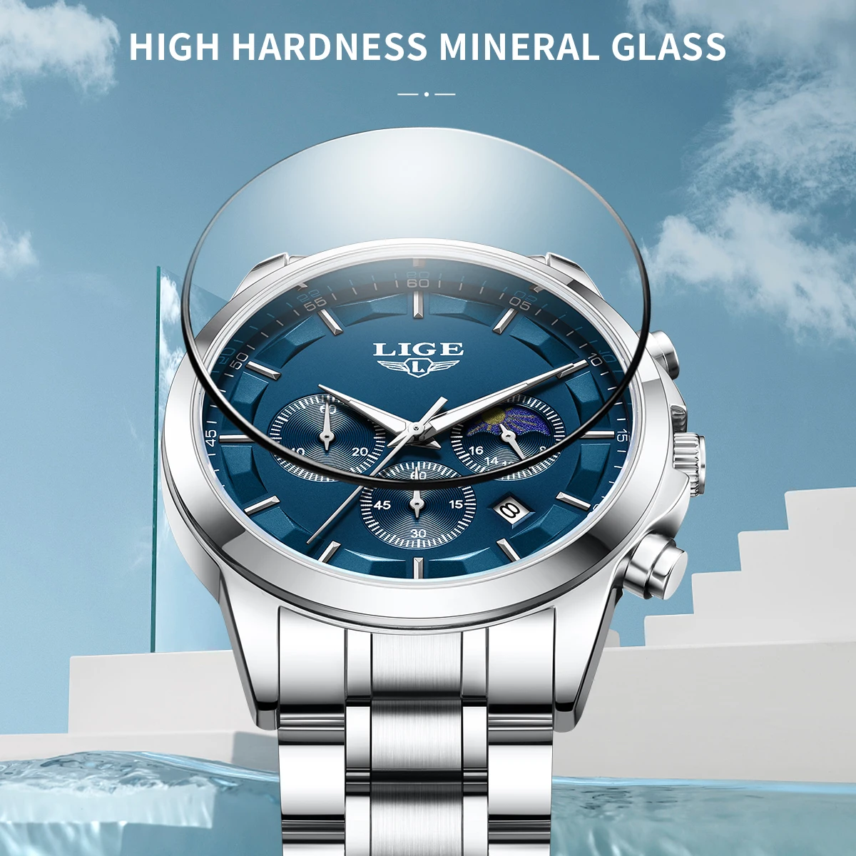 LIGE Luxury Fashion Quartz Man Watch Classic Business Auto Date Gentlemen Steel Band Moon Phase Waterproof Watches for Men Male view 4