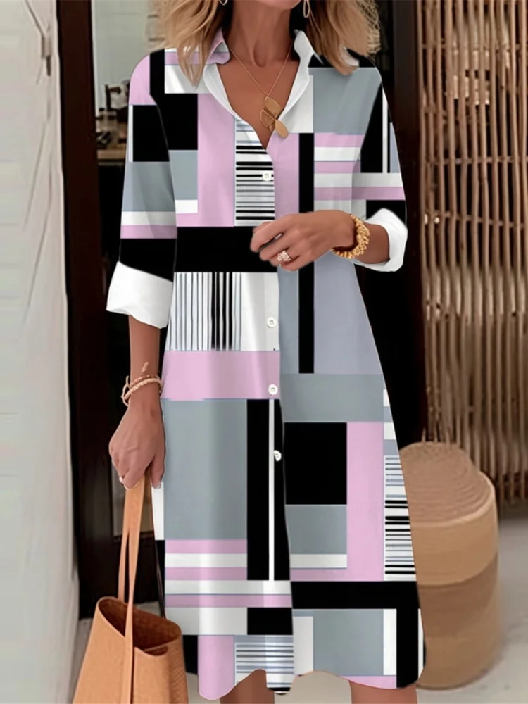 Daily Leisure Vacation Beach Lapel Fashion Long-sleeved Shirt Dress Vertical Striped Printed Single-breasted Shirt Long Skirt