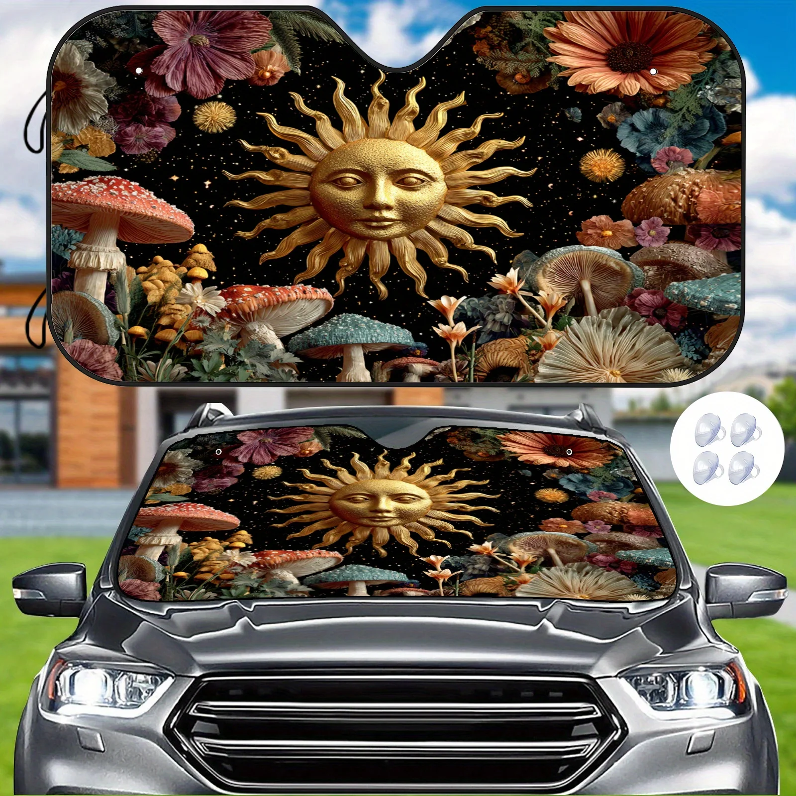 Starry Sky Flower Sun Car Sunshade, Fantasy Collage Design, Heat Insulation And Sun Protection, Regulates Interior Temperature,