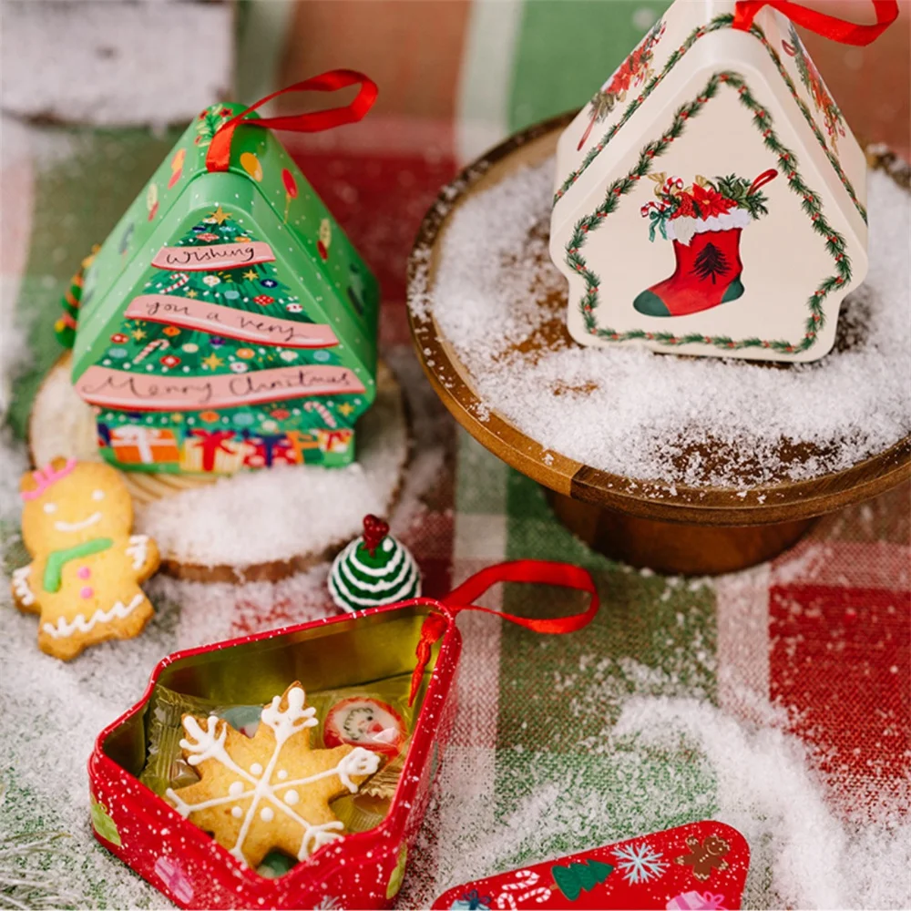 Christmas Tin Gift Box Cartoon Printed Tinplate Boxes Square Candy Storage Containers for Holiday Xmas Packaging Supplies