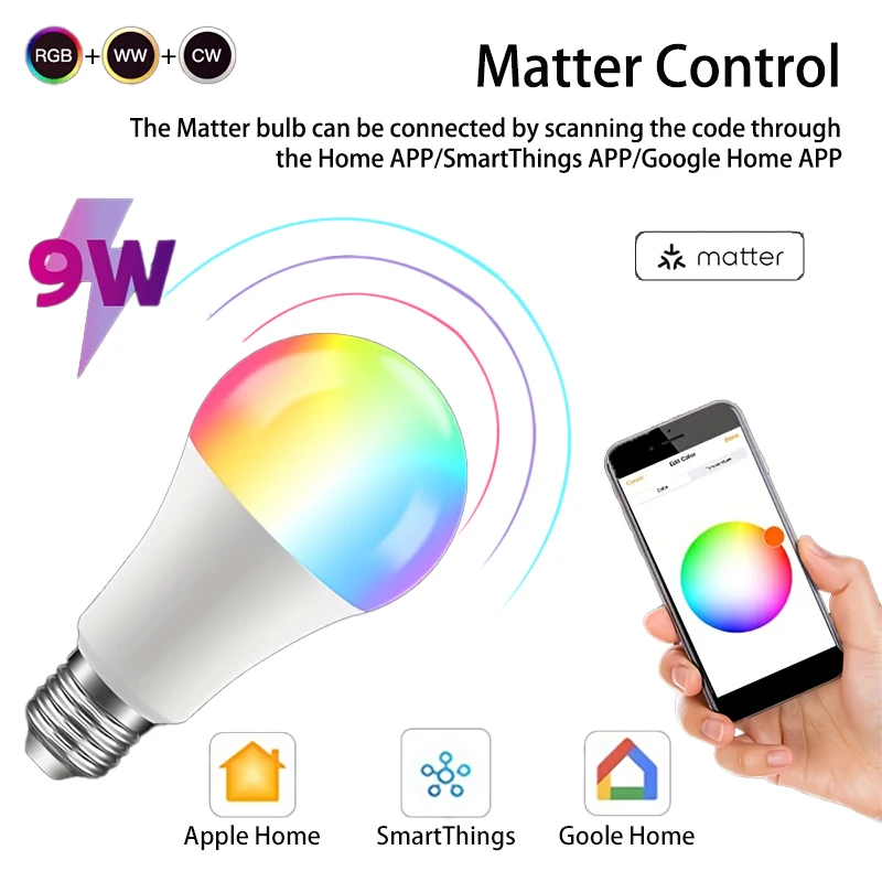 

Matter WiFi 9W LED Light Bulb E27 RGBCW Smart Dimmable Lamp 9W LED Bulb Voice Control Homekit Siri Google Home Smartthing Alexa