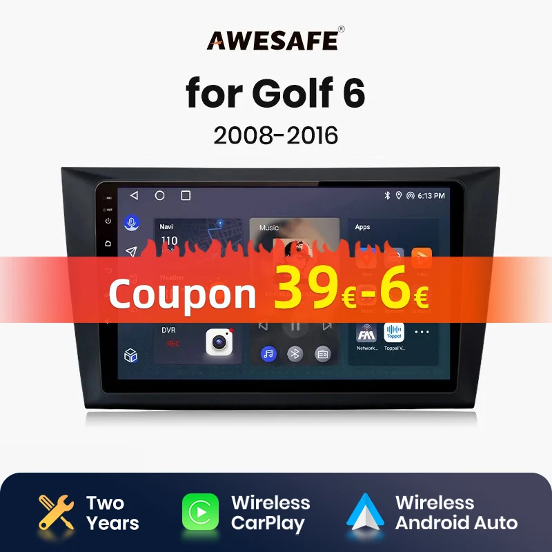 AWESAFE Wireless CarPlay Android Auto Radio for  VW Golf 6 2008 2009 2010 2011 2012 2013 2014 2015 2016  GPS 2din autoradio