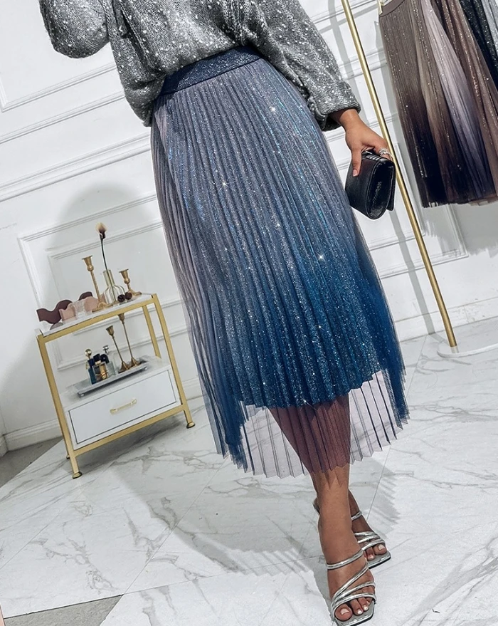 

Women's Skirt 2024 Spring Fashion Ombre Sheer Mesh Patch A Line Pleated Glitter High Waist Casual Daily Loose Mid-Calf Skirt