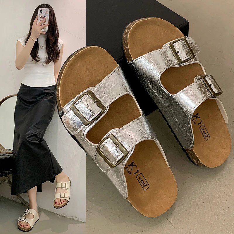 2024 New Summer Women\'s Cork Slippers Casual Beach Double Buckle Non-slip Outside Nubuck Leather Slip on Slides Shoe for Women