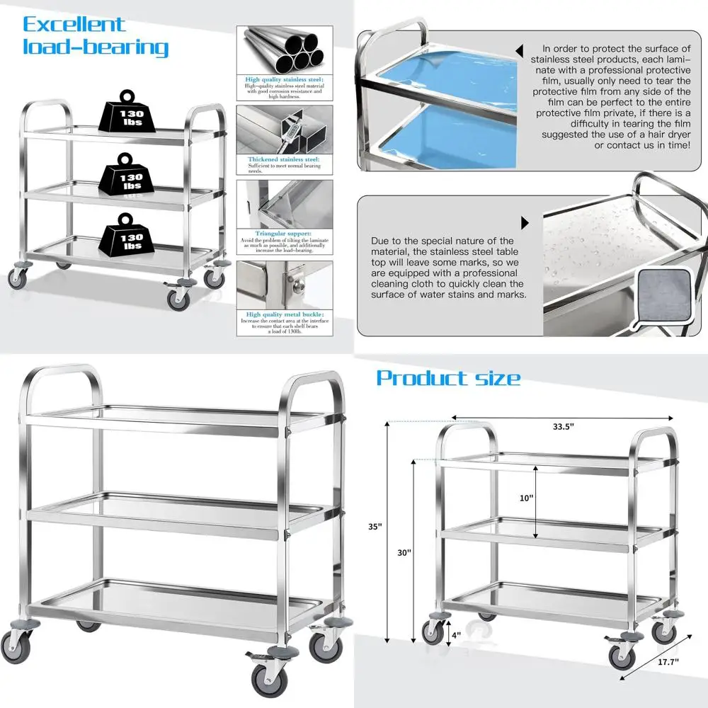 

Commercial Grade 3-Tier Stainless Steel Kitchen Cart with Lockable Wheels, 400lbs Capacity for Restaurant, Lab, Office - Easy As