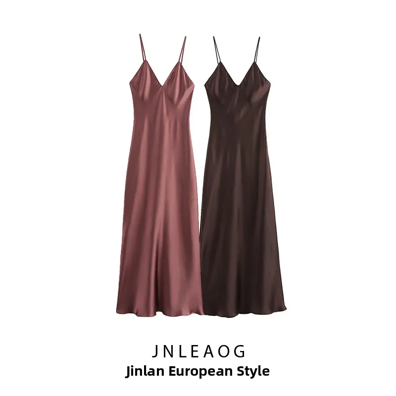 JNLEAOG Jesień Nowa Modna Codzienna Jedwabista Satynowa Sukienka Damska z Wyczuciem Stylu, Uniwersalna, Krój w Kształcie Litery H, Włókno Poliestrowe