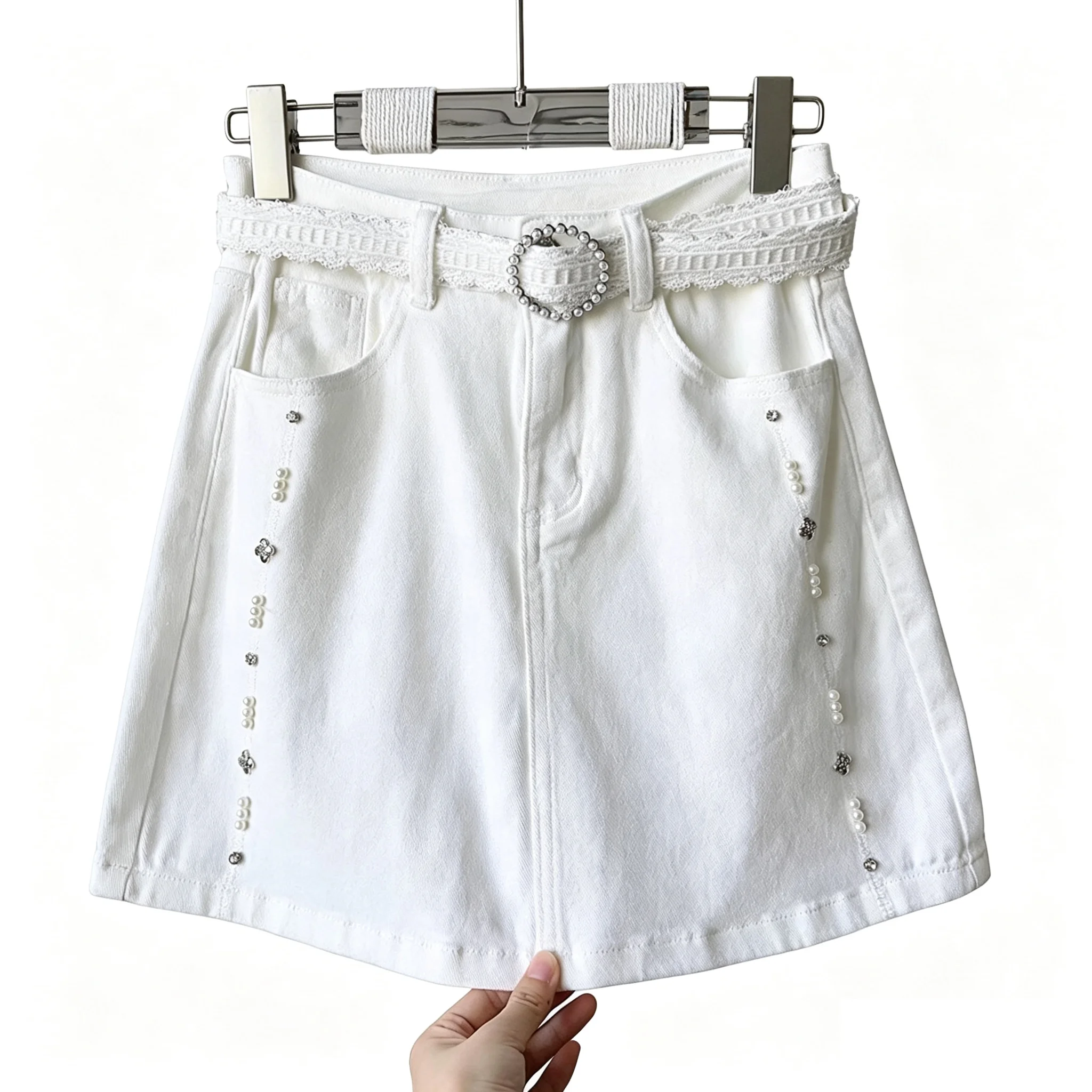 Beaded White A‑Line Denim Skirt for Women Summer Metal Flower Pockets High Waist Skirts Personalized Anti‑Exposure Design Skirt