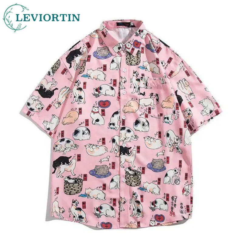 Harajuku Summer Mens Loose Cartoon Animals Print Graffiti Short Sleeve Shirt Hip Hop BF Style Versatile Aloha Tops Shirts