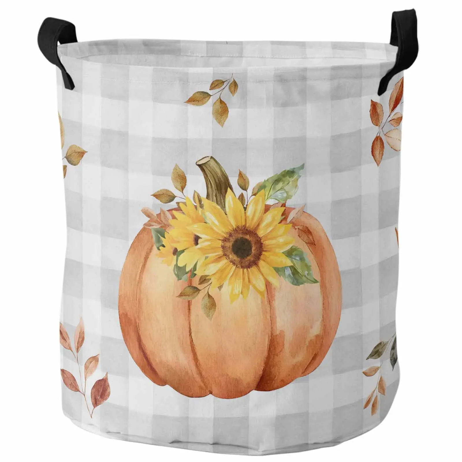 

Vintage Watercolor Grey Check Pumpkin Foldable Dirty Laundry Basket Kid's Toy Organizer Waterproof Storage Baskets