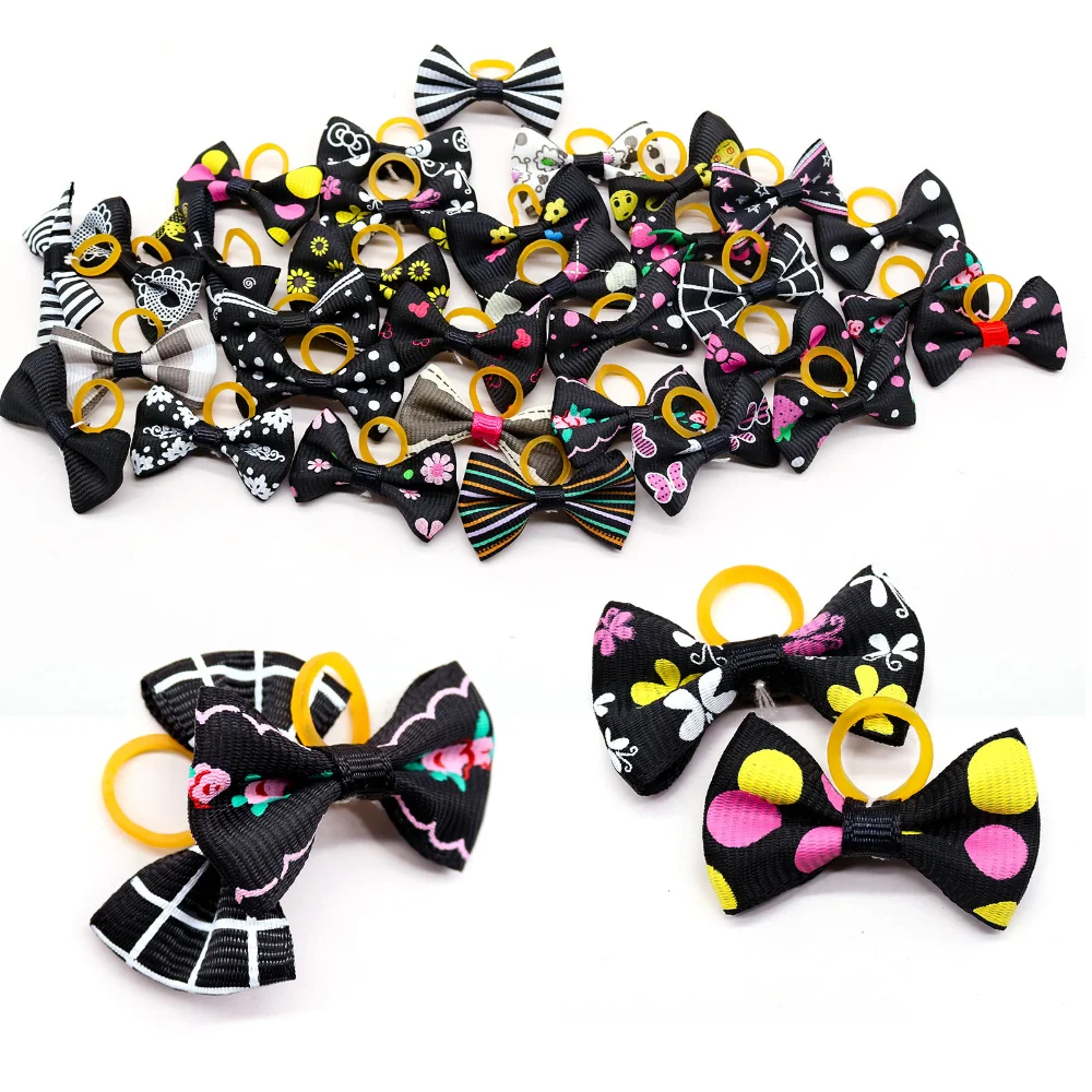 10/20/30pcs Black Small Dog Hair Bows Cat Bows With Rubber Bands Grooming Dog Headwear For Small Dog Puppy Dog Accessories