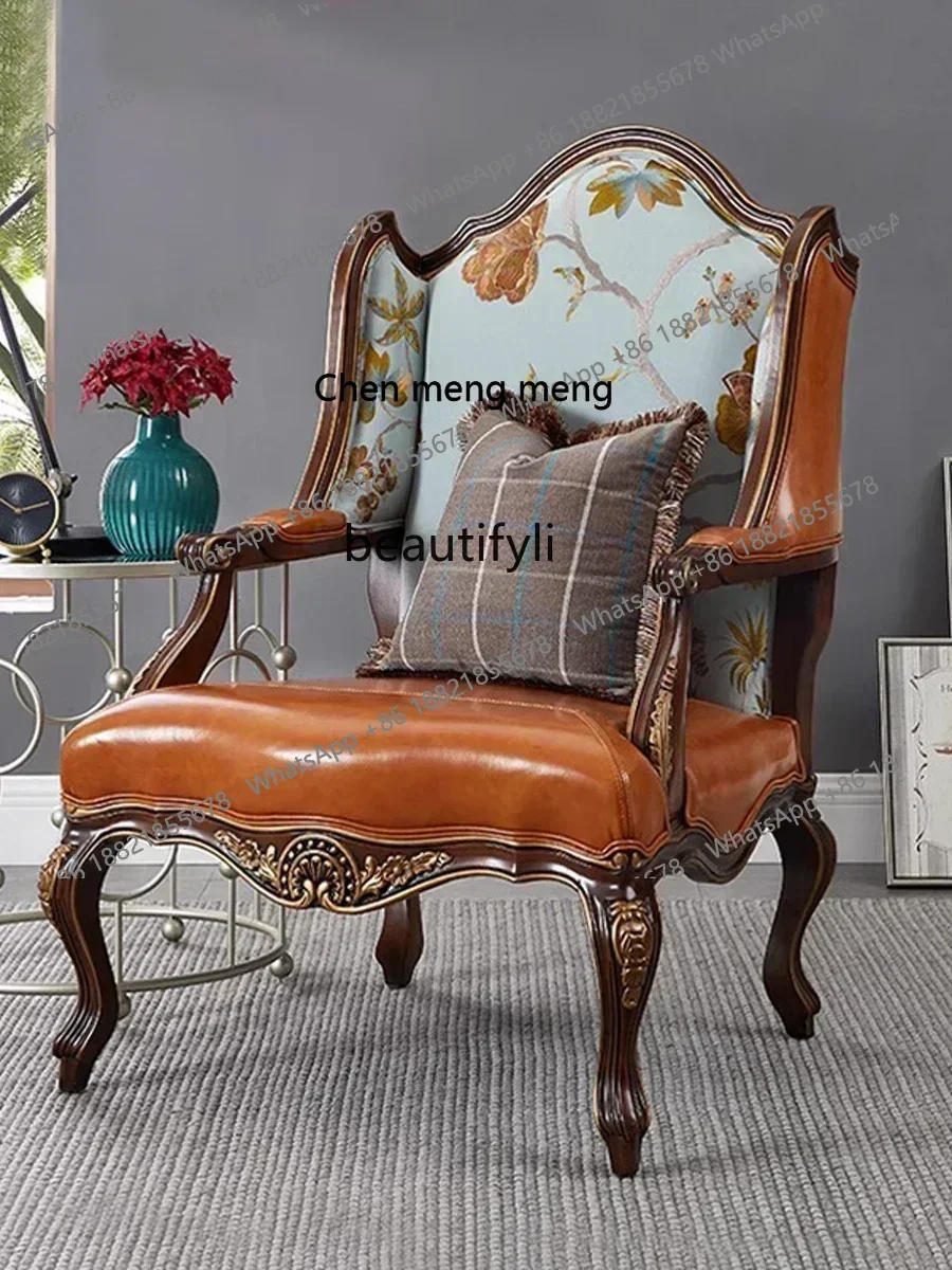 New arrive American Light Luxury Solid Wood Single Sofa Living Room Chair Bedroom Leisure Sofa First Layer Cowhide