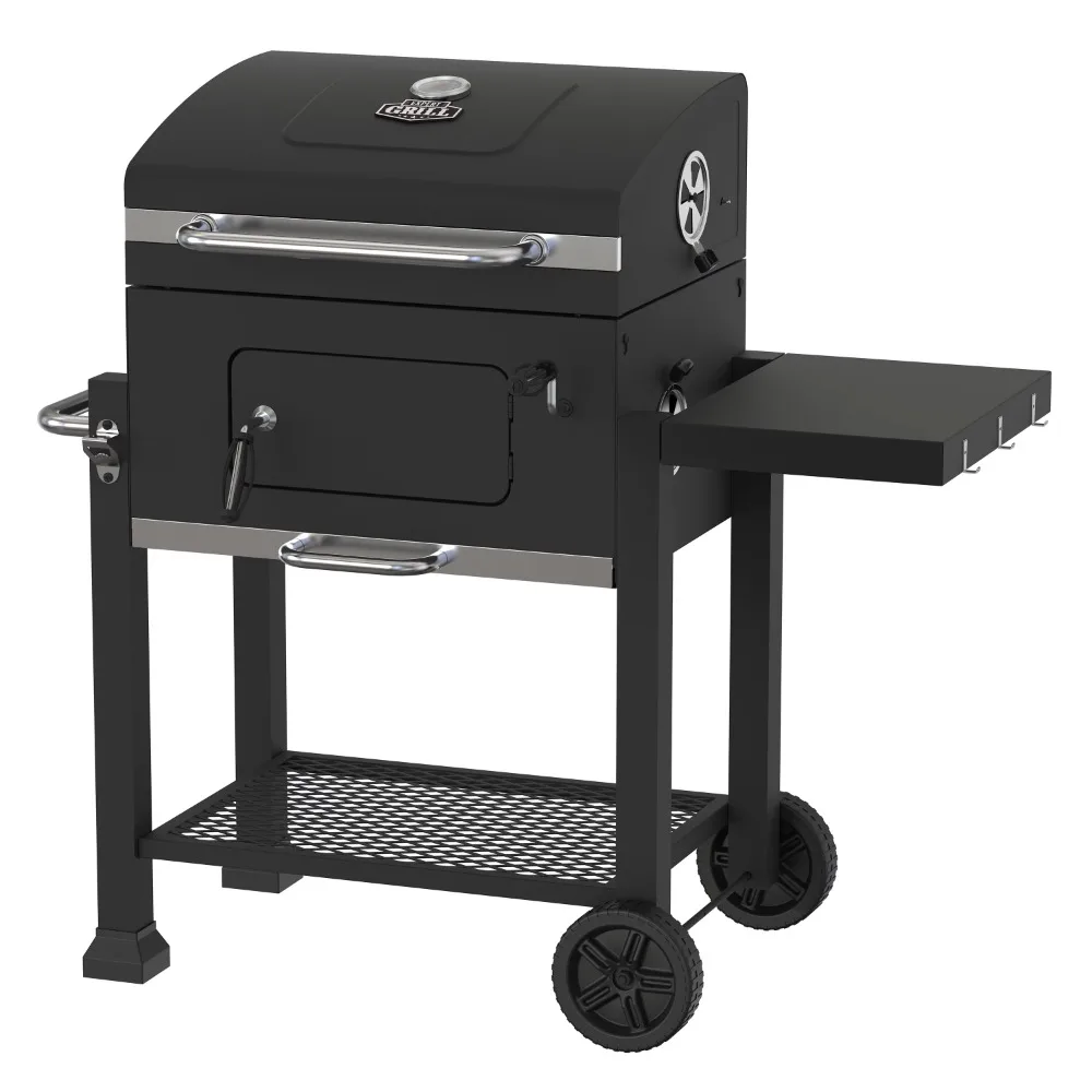 

Heavy Duty 24-inch Charcoal Grill Black Two wheel cart design for portability Charcoal grill with black powder coated finish