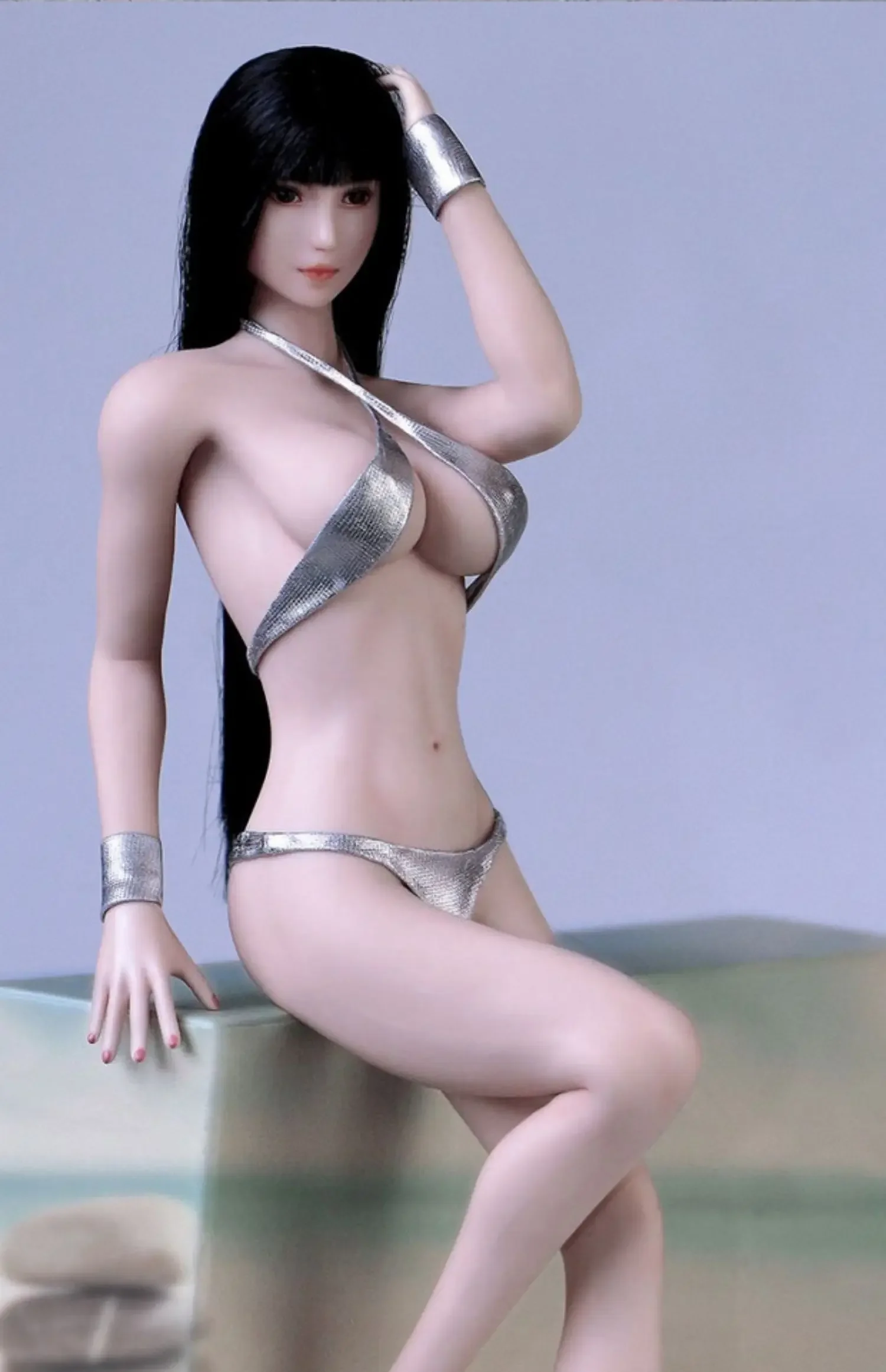 1/6 Sexy Blue Silver Hanging Neck Bikini Wrist Bracer Thong Clothes Set Model for 12 Inch Female Soldier Figure Body Toy